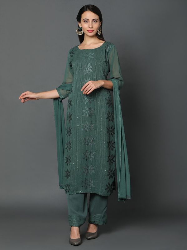 Crocodile Green Wiscourse Fabric Salwar Suit With Dupatta