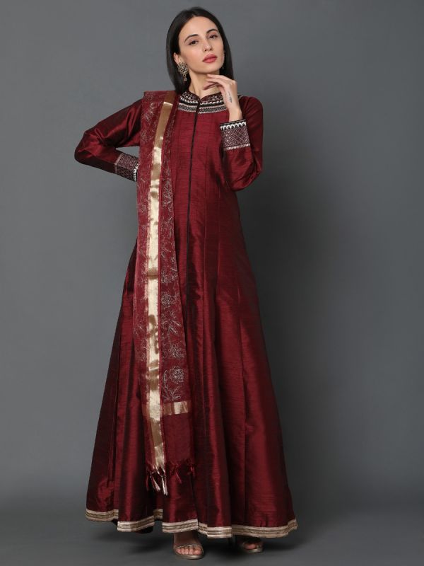 Maroon Dupion Fabric Salwar Suit With Zari Border Dupatta
