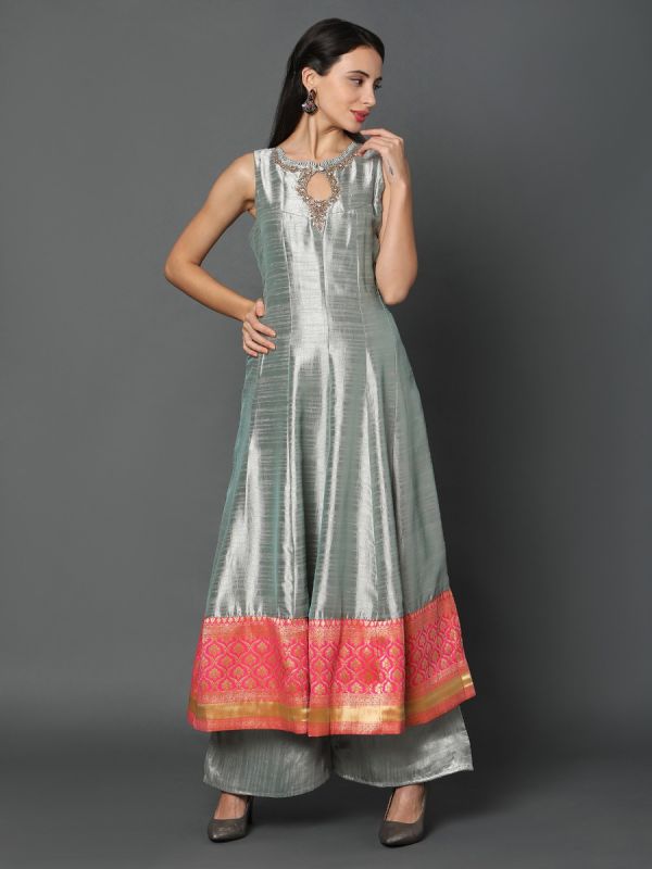 Silver Art Silk Fabric Salwar Suit With Rani Pink Dupatta 