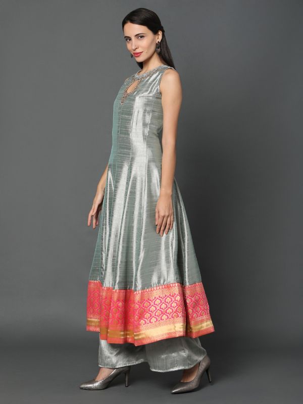 Silver Art Silk Fabric Salwar Suit With Rani Pink Dupatta 
