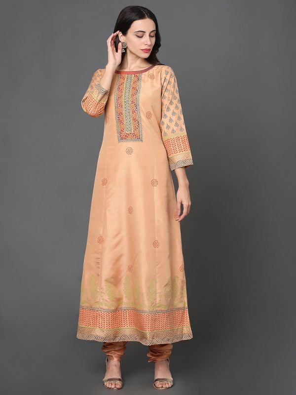 Peach Chanderi Fabric Straight Cut Salwar Suit