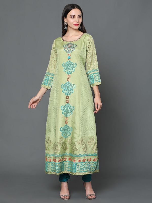Parrot Green Chanderi Fabric Straight Cut Salwar Suit