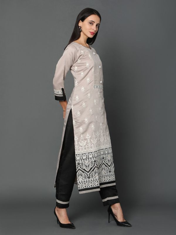Grey Lakhnavi Thread Work Chanderi Fabric Salwar Suit 