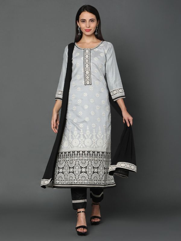 Silver With Black Lakhnavi Thread Work Chanderi Fabric Salwar Suit 