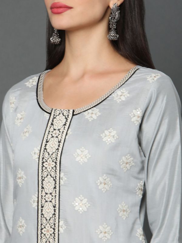 Silver With Black Lakhnavi Thread Work Chanderi Fabric Salwar Suit 
