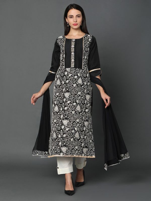 Black Chanderi Fabric Salwar Suit With Dupatta 