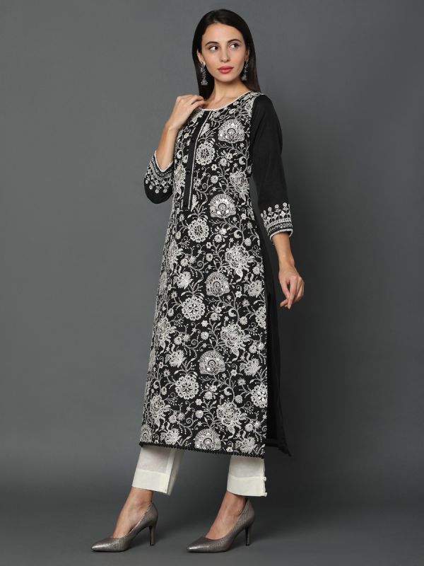 Black Cotton Kota Fabric Salwar Suit With Black Dupatta 