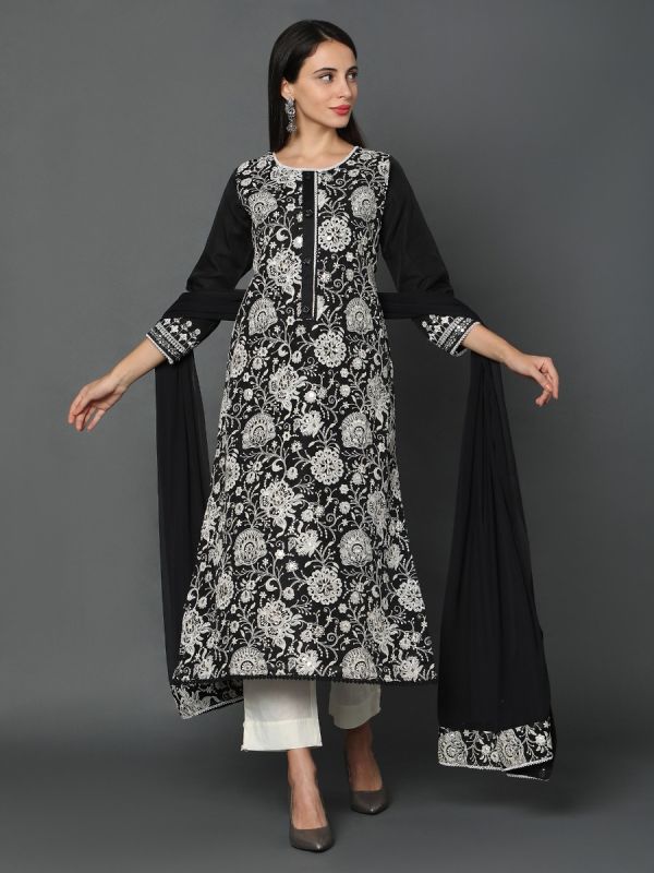 Black Cotton Kota Fabric Salwar Suit With Black Dupatta 