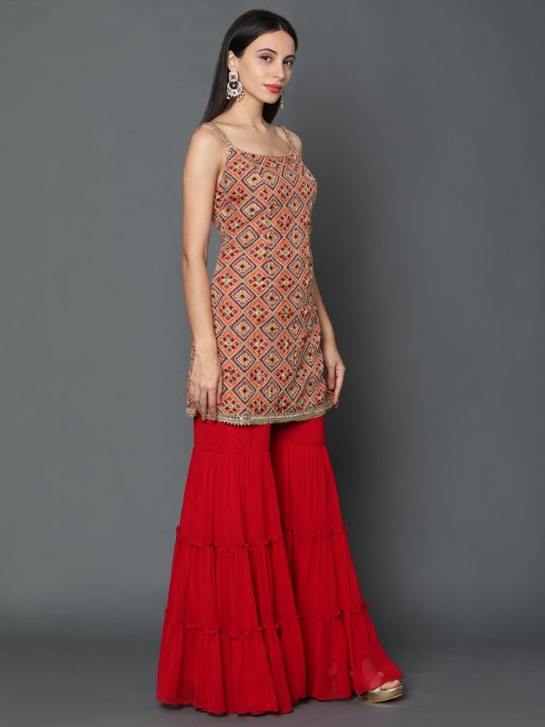 Orange With Red Cotton Silk Fabric Gharara Suit With Dupatta 