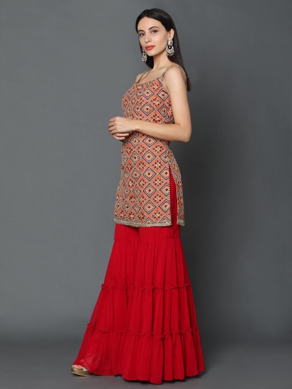 Orange With Red Cotton Silk Fabric Gharara Suit With Dupatta 