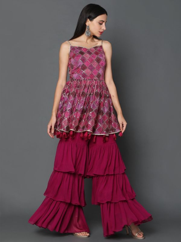 Magenta Wine Cotton Silk Fabric Gharara Suit With Dupatta 