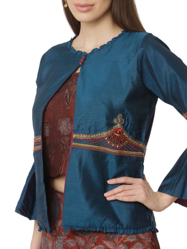Royal Blue Party Wear Skirt And Crop Top With Cotton Silk Embroidery Jacket, Fancy Work On Sleeves