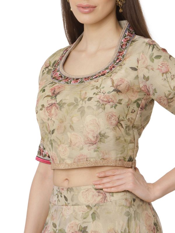 Beige Crop Top With Organza Ghaghra And Heavy Embroidery Sleeves Along With Net Dupatta