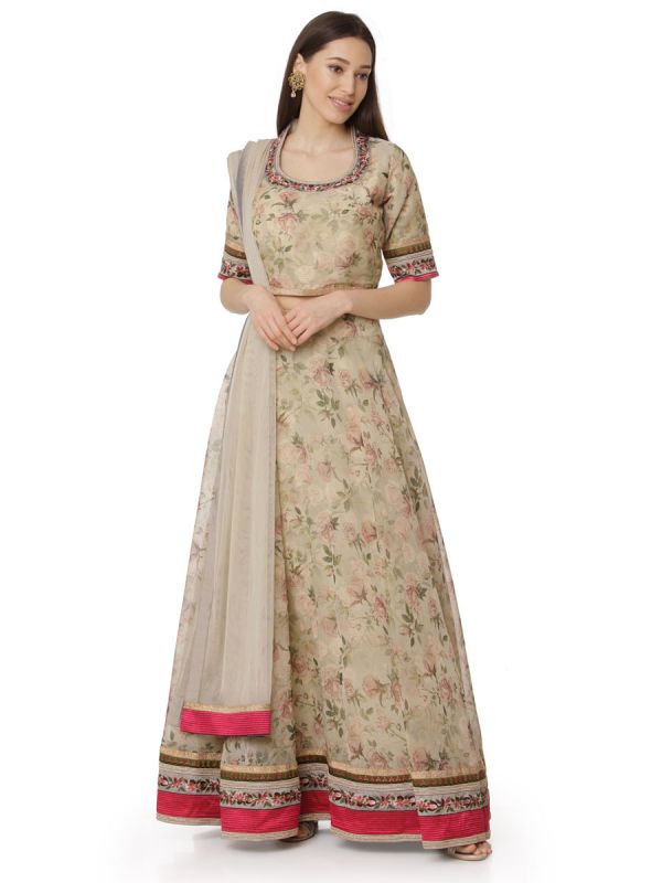 Beige Crop Top With Organza Ghaghra And Heavy Embroidery Sleeves Along With Net Dupatta