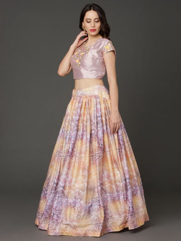 Light Purple & Yellow Crop Top Heavy Embroidery Work And Printed Ghaghra With Net Dupatta