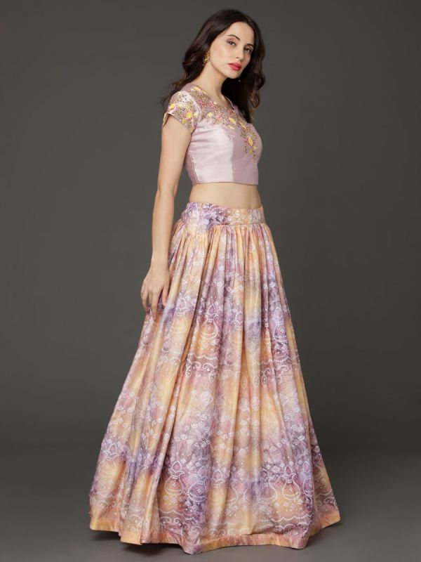 Light Purple & Yellow Crop Top Heavy Embroidery Work And Printed Ghaghra With Net Dupatta