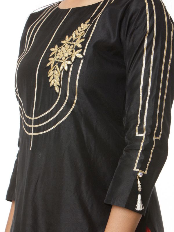 Black Dress With Gota Patti Yok Work Cotton Salwar Pant And Printed Dupatta