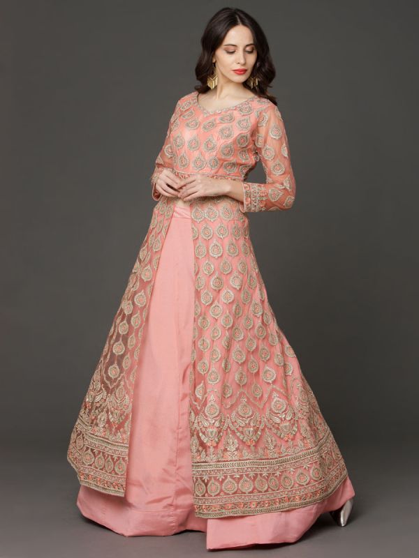 Peach Crop Top Attached With Long Jacket And Ghaghra,Embroidery Sleeves And Net Dupatta