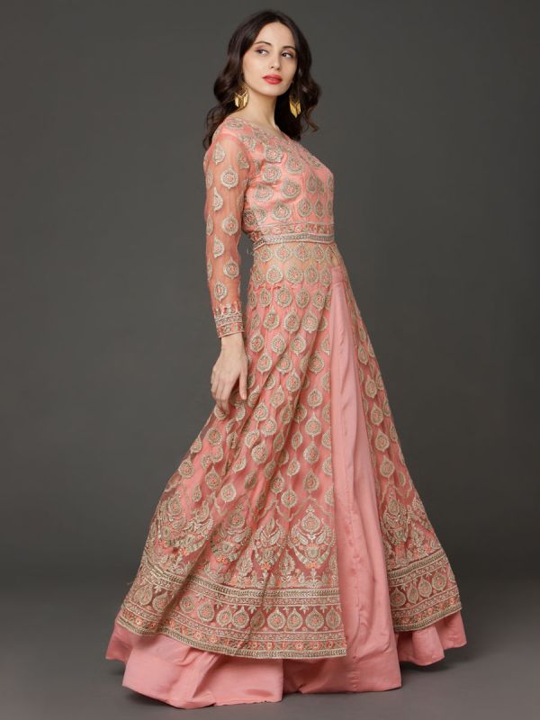 Peach Crop Top Attached With Long Jacket And Ghaghra,Embroidery Sleeves And Net Dupatta