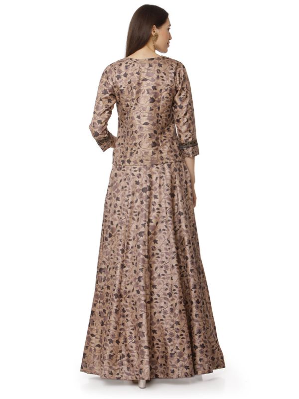 Copper Brown Art Silk Digital Floral Printed Top Plus Skirt With Pintex Yok And Brown Dupatta