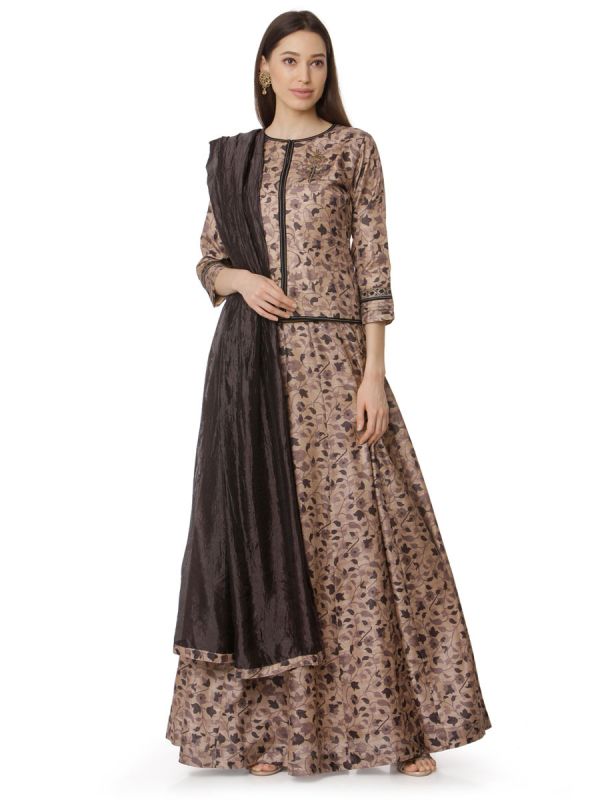 Copper Brown Art Silk Digital Floral Printed Top Plus Skirt With Pintex Yok And Brown Dupatta
