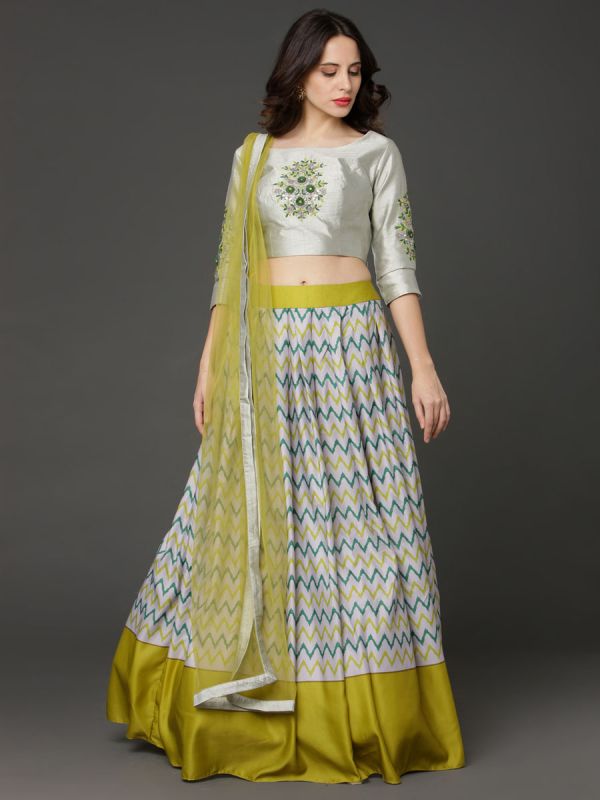 Green & Grey Trad Heavy Embroidery Work On Cotton Crop Top With Digital Printed Ghaghra, Embroidery Sleeves, Net Dupatta