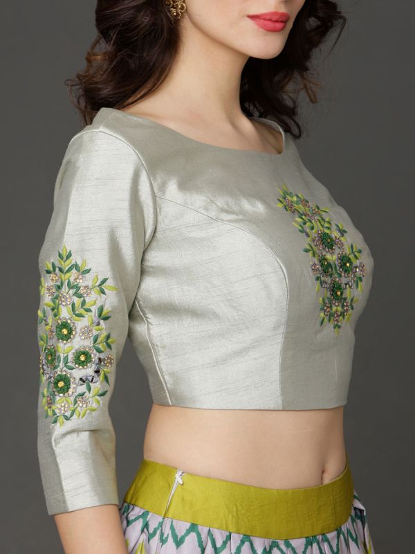 Green & Grey Trad Heavy Embroidery Work On Cotton Crop Top With Digital Printed Ghaghra, Embroidery Sleeves, Net Dupatta