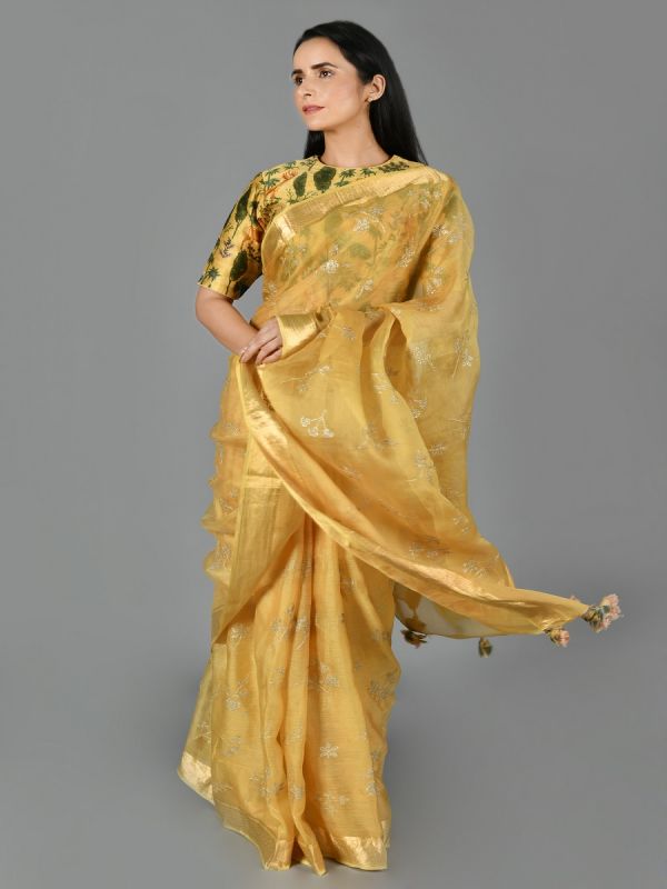 Yellow Maheshwari Cotton Silk Saree