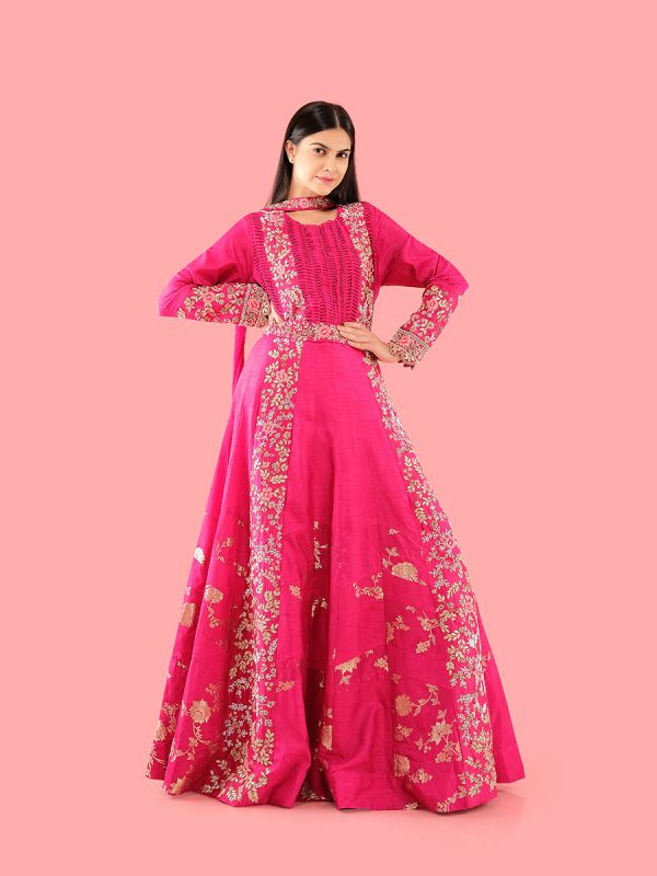 Rani Pink Silk Fabric In Moti And Catdana Work Anarkali Suit