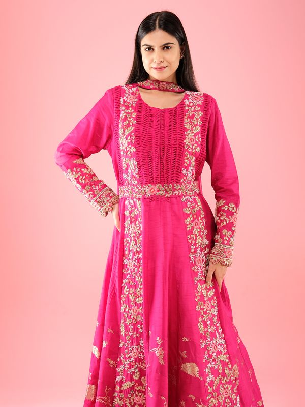 Rani Pink Silk Fabric In Moti And Catdana Work Anarkali Suit