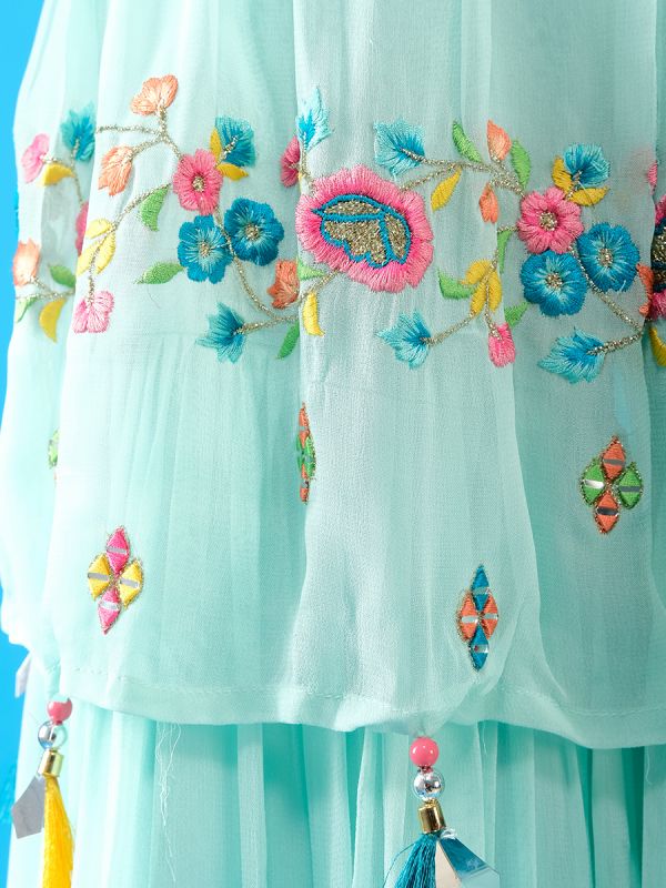 Firozi Blue Georgette Fabric Cutdana Thread And Mirror Work Sharara Suit