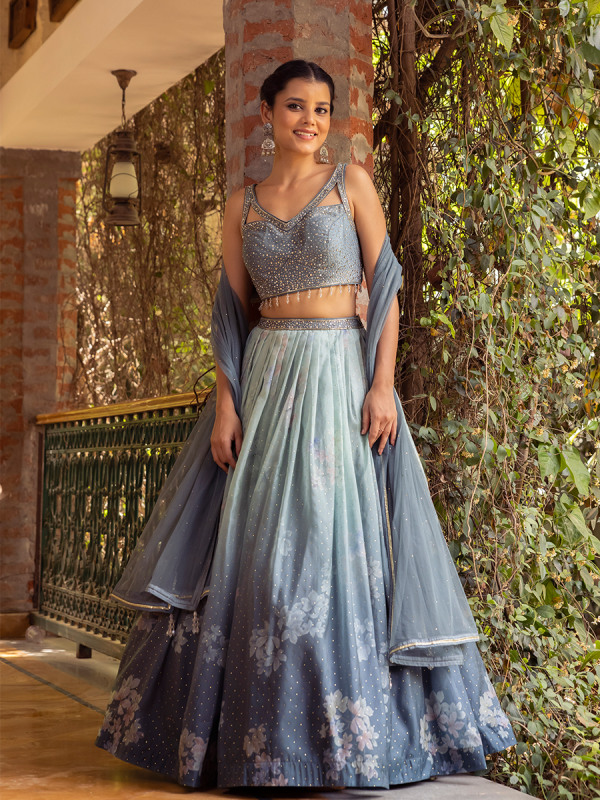 Sea Green And Blue Organza Fabric In Sequin And Cut Dana With Floral printed Lehenga Choli