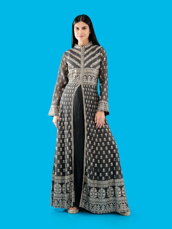 Grey Georgette Fabric In Sequins Work Long Jacket And Palazzo Suit