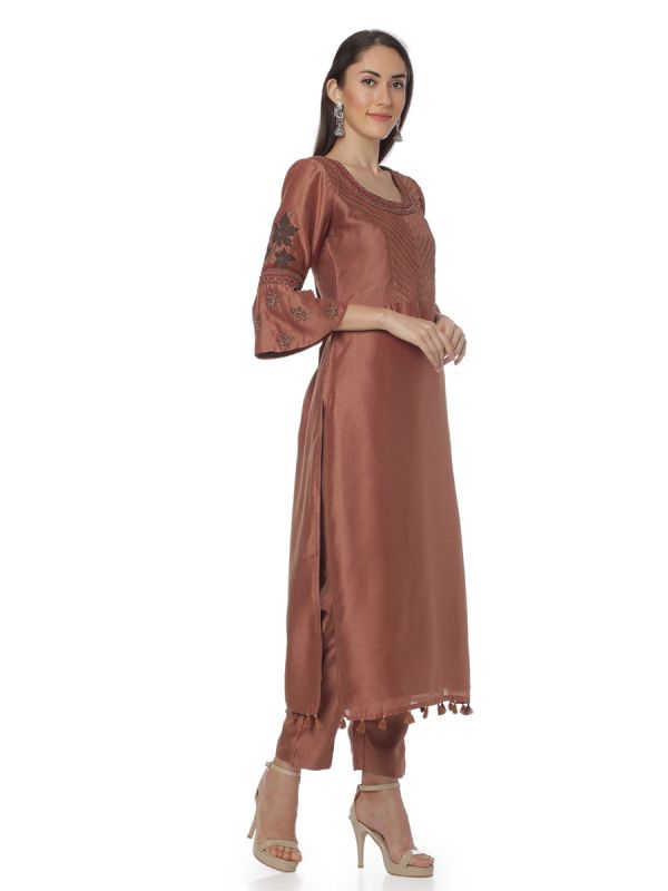 Brown Art Silk Salwar Pant Set With Pintex Yok Work Along With Pashmina Dupatta