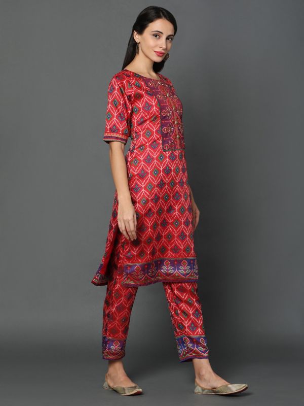 Red Art Silk Printed Kurti With Bottom