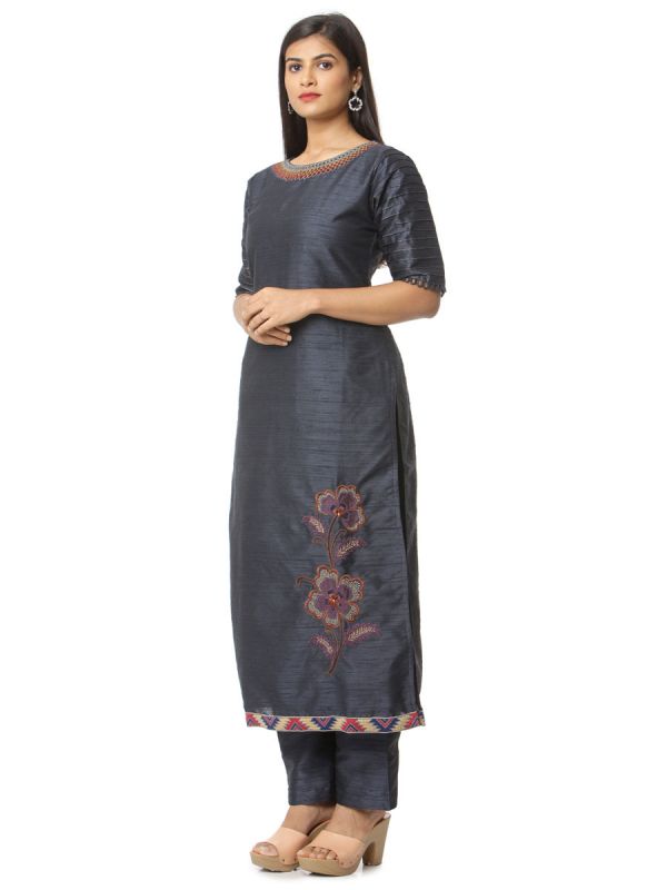 Dark Grey Salwar Pant Set With Machine Embroidery Work And Pashmina Dupatta