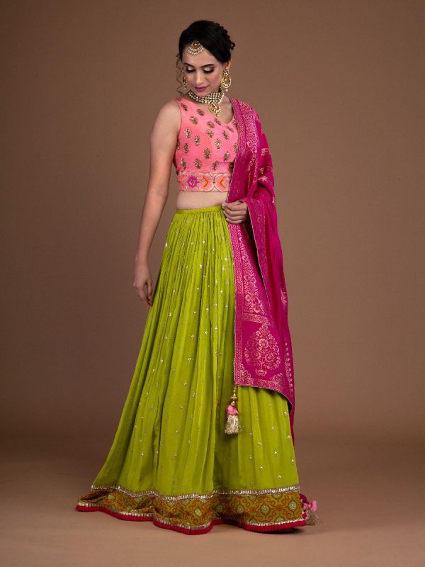 Green Satin Silk Readymade Lehenga In Tikki Resham Work And Pink Choli In Raw Silk Zardosi Tiki Resham Work With Banarasi Weaving Dupatta