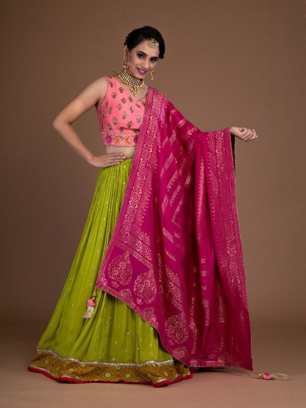 Green Satin Silk Readymade Lehenga In Tikki Resham Work And Pink Choli In Raw Silk Zardosi Tiki Resham Work With Banarasi Weaving Dupatta