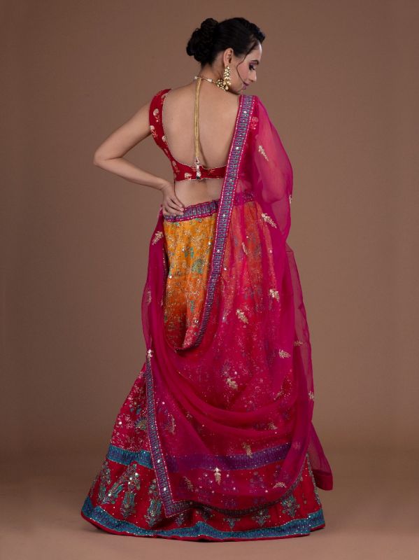 Multicolor Silk Readymade Lehenga Choli In Print With Cutdana Gotta Patti And Pitta Work With Organza Dupatta