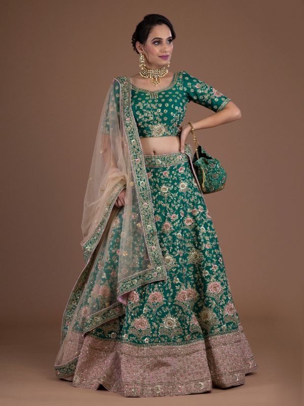 Green  Raw Silk Readymade Lehenga Choli In Zardosi Cutdana Tikki And Resham Work With Net Dupatta