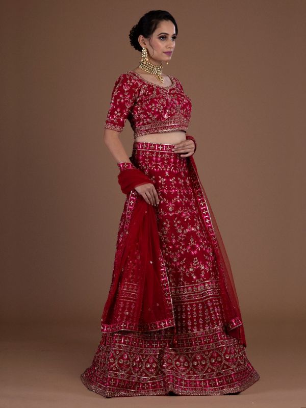 Red Silk Readymade Lehenga Choli In Resham Kundan And Silver Zari Work With Net Dupatta