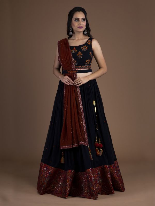 Black Georgette Readymade Lehenga Choli In Daman Pashmina Border With Resham Butti Work Along With Belt And Duptta In Georgette 