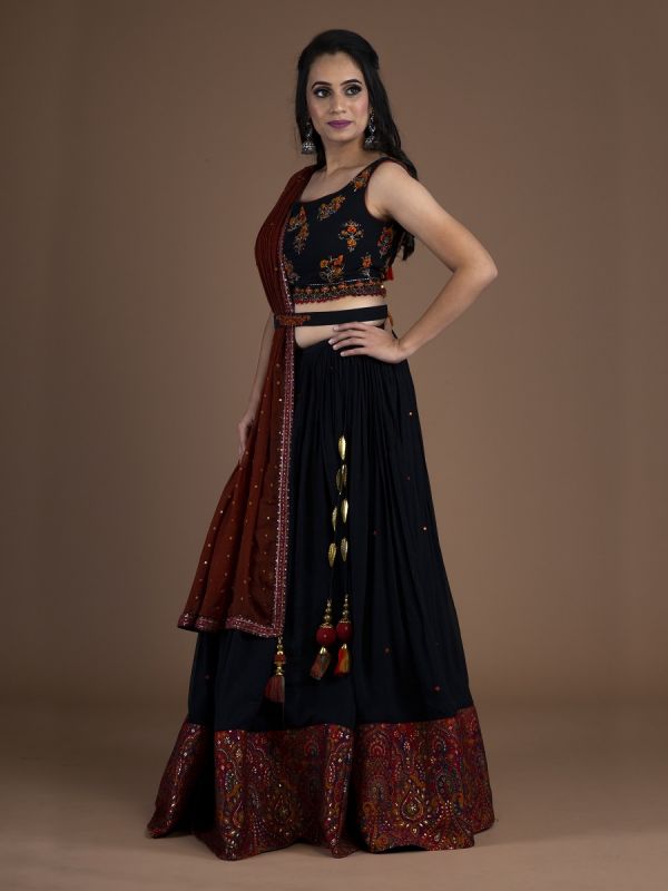 Black Georgette Readymade Lehenga Choli In Daman Pashmina Border With Resham Butti Work Along With Belt And Duptta In Georgette 