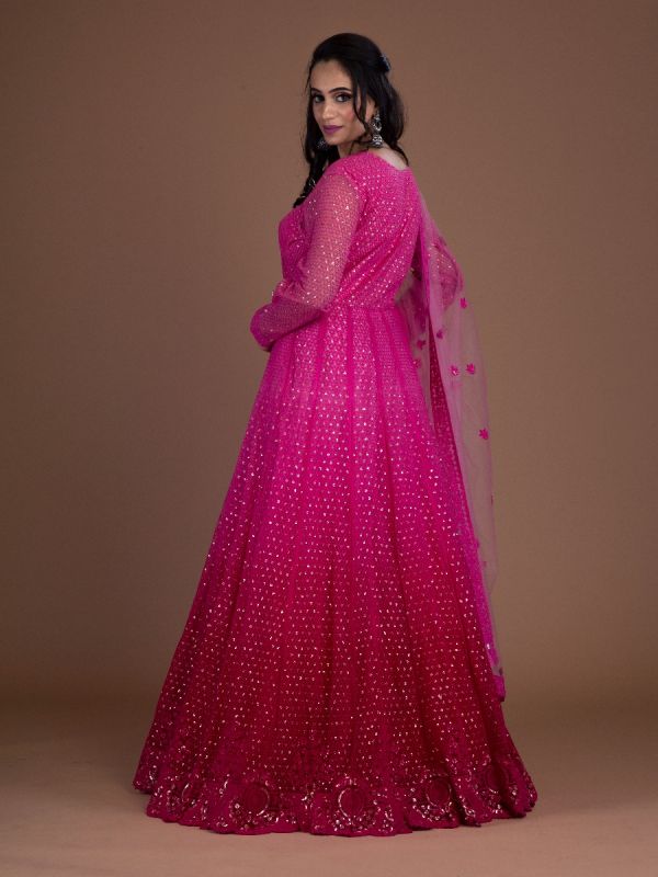 Pink And Red Net Anarkali Gown In Resham And Tiki Work Along With Net Dupatta 
