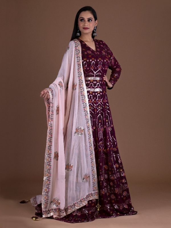Wine Georgette Anarkali Gown In Thread And Sequence Work With Georgette  Dupatta