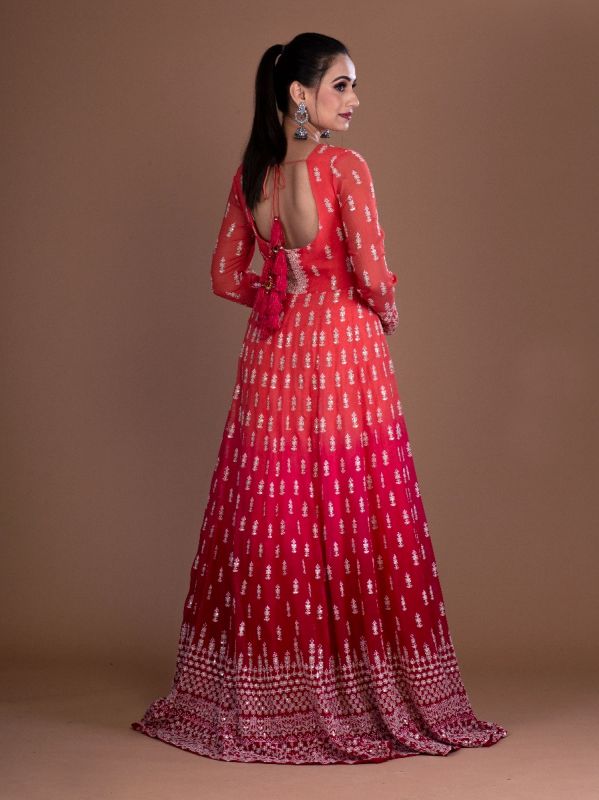 Multicolor Georgette Anarkali Gown In Thread Work With Georgette Dupatta