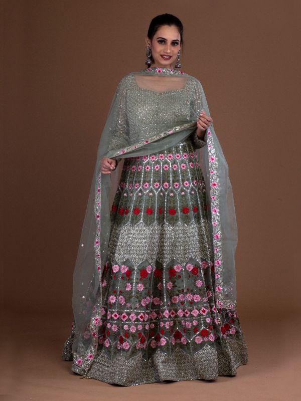 Mint Green Net Anarkali Gown In Resham And Kundan Work With Silver Thread