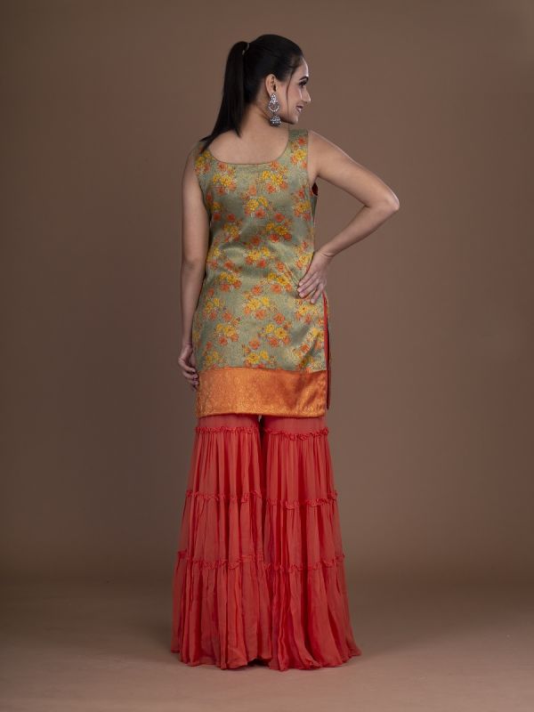 Orange Printed Gharara Suit Top In Silk And Bottom In Georgette With Chiffon Dupatta