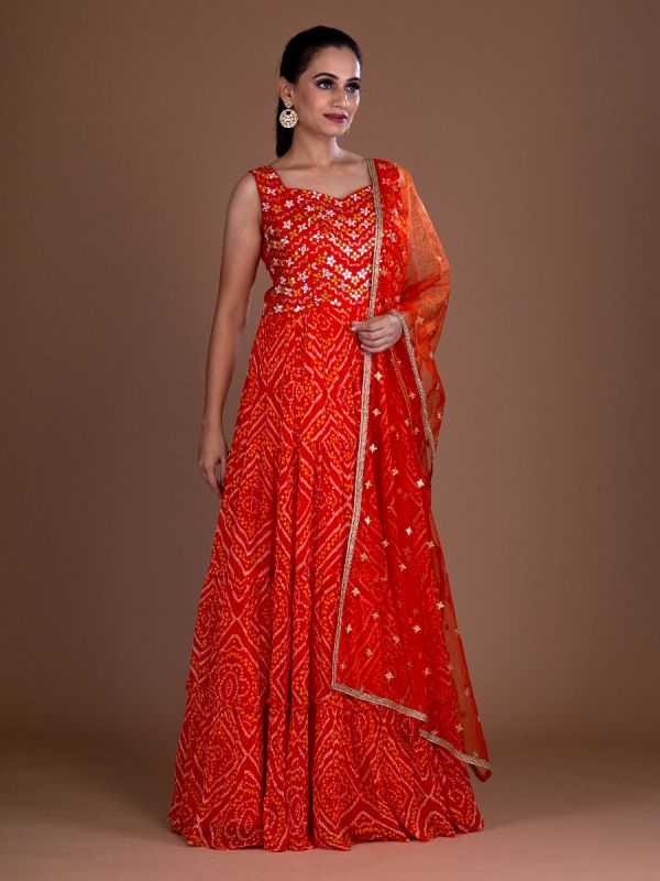 Orange Bandhani Georgette Anarkali Gown In Mirror Work With Resham Zari Net Dupatta