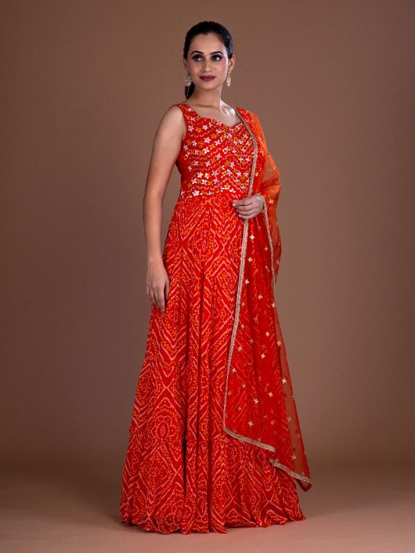 Orange Bandhani Georgette Anarkali Gown In Mirror Work With Resham Zari Net Dupatta